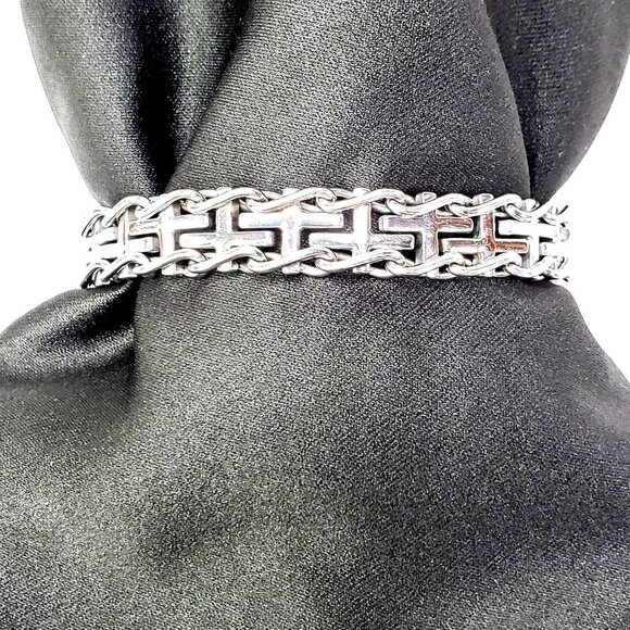 Mens LYNX Stainless Steel Sideways Cross Railroad Chain Bracelet 8.5 Inches - Picture 2 of 6